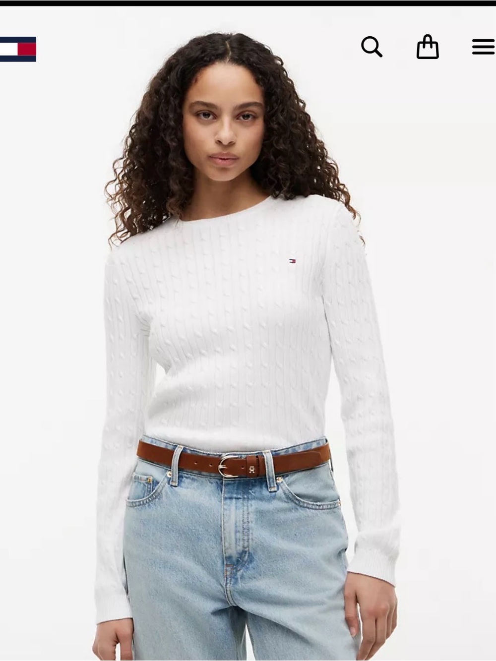 Tommy Hilfiger White Cable Knit Crewneck Sweater with Flag Logo 100% Cotton